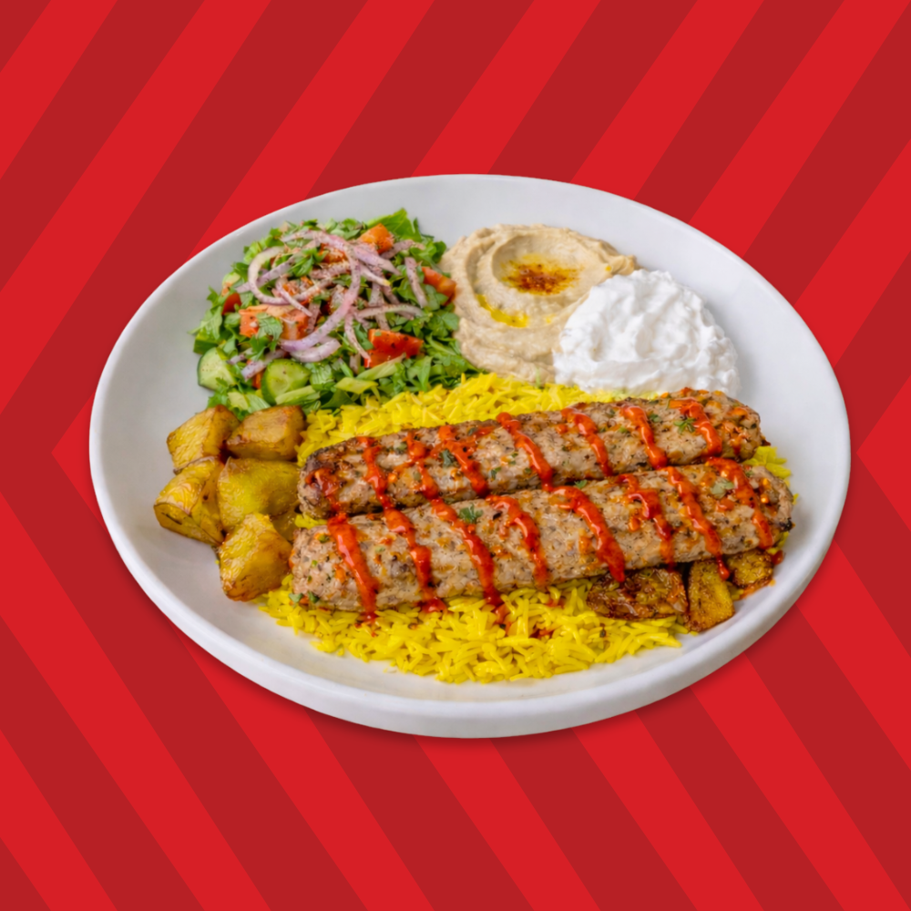 Chicken kefta kebab plate served with rice and sides – Basha Bites
