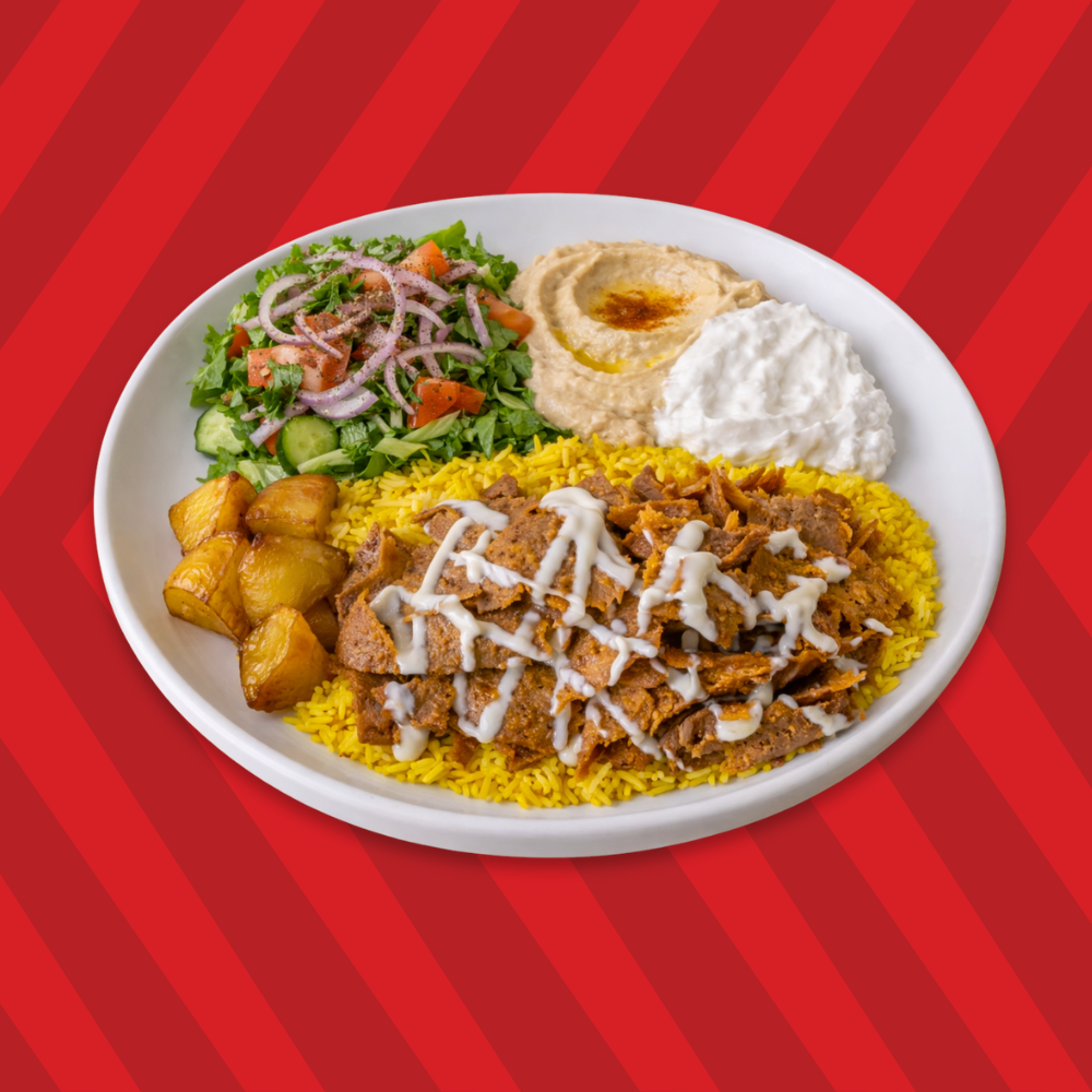 Donair plate with rice, salad and creamy garlic sauce – Basha Bites