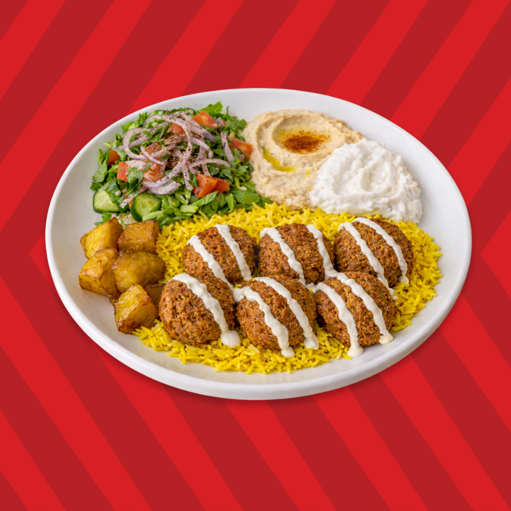 Falafel plate with rice, salad, hummus and garlic sauce