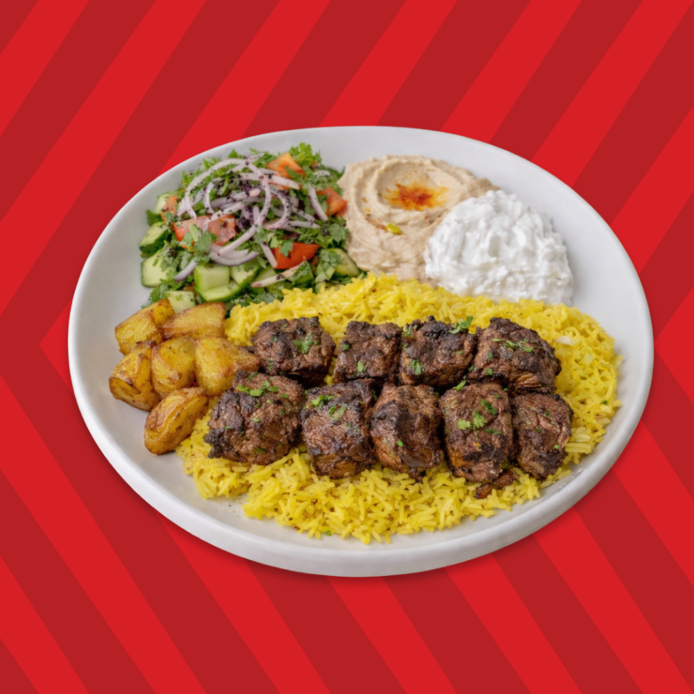 Lamb kebab plate with rice, salad, hummus and garlic sauce