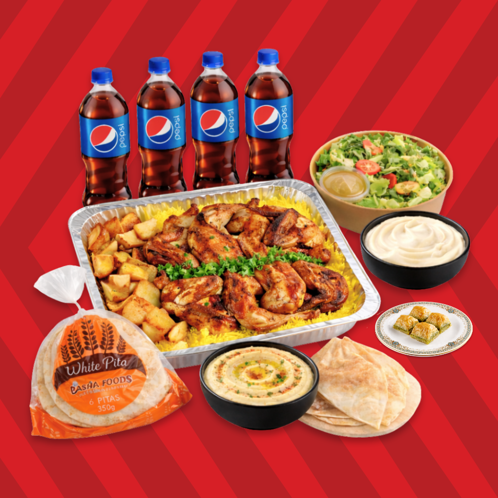 Rotisserie Chicken Jumbo Family Meal – Rotisserie chicken jumbo family meal tray with sides and drinks