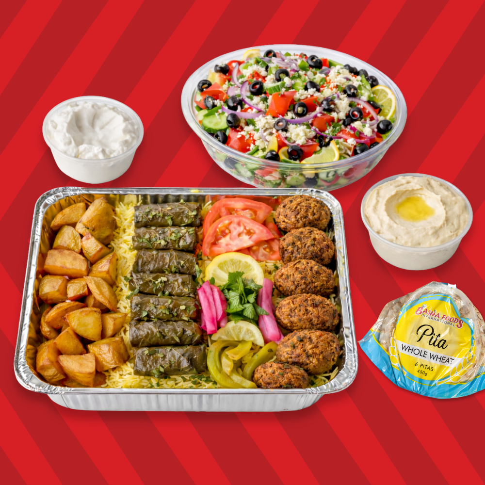 Vegeterian Family Meal with Garlic Sauce, Hummus, Salad & Basha Pita Bread